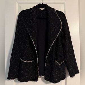 Max Studio Black Tweed Fringe Open Front Blazer Jacket Womens size Small